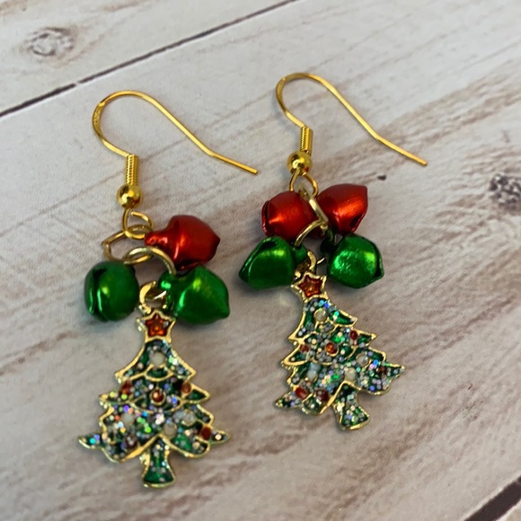 Holiday Christmas Tree Bells Dangling Earrings - Picture 4 of 6